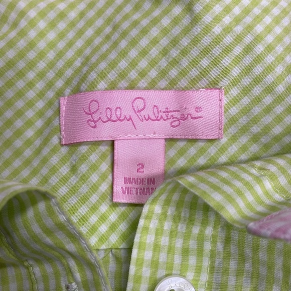 Lilly Pulitzer Green Gingham Checked Short Sleeve Feminine Blouse Top Size 2 - Picture 3 of 4